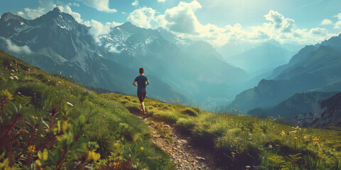 Obraz premium A fitness enthusiast runs along a scenic trail, taking in the breathtaking view of the mountains in the distance.