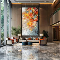 high ceiling lobby with over sized painting wall art