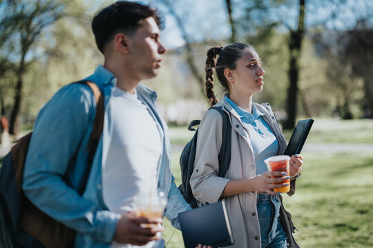 Two students with backpacks and drinks engage in conversation about school topics in a park on a sunny day.