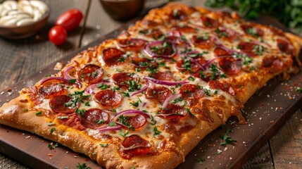 Homemade pepperoni pizza with onions and herbs on wooden table at dinner time
