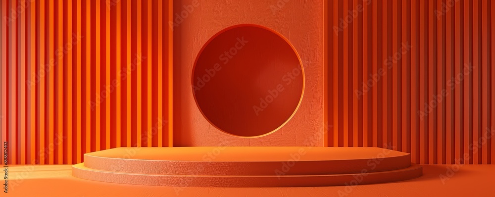Poster abstract orange stage background with round podium and vertical stripes for product display or prese