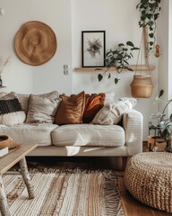 living room with sofa white and cream color theme with rattan , natural materials 