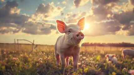 A cute baby pig standing in in pasture during the day with a beautiful skyscape; a spring background with copy space and sun rays 