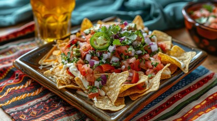 Fototapeta premium Nachos salad and beer served on a square platter at a gatherings