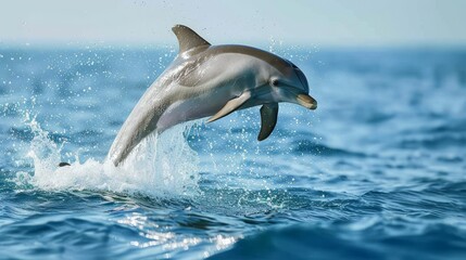 Striped dolphin leaping out of ocean during sunny day