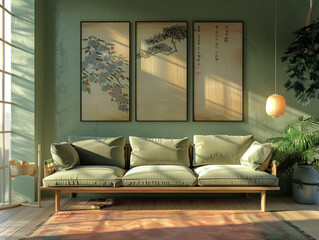 waiting area  room in expensive condo development with green color theme sofa and wall paper and asian chinese painting on paper art work on the wall 