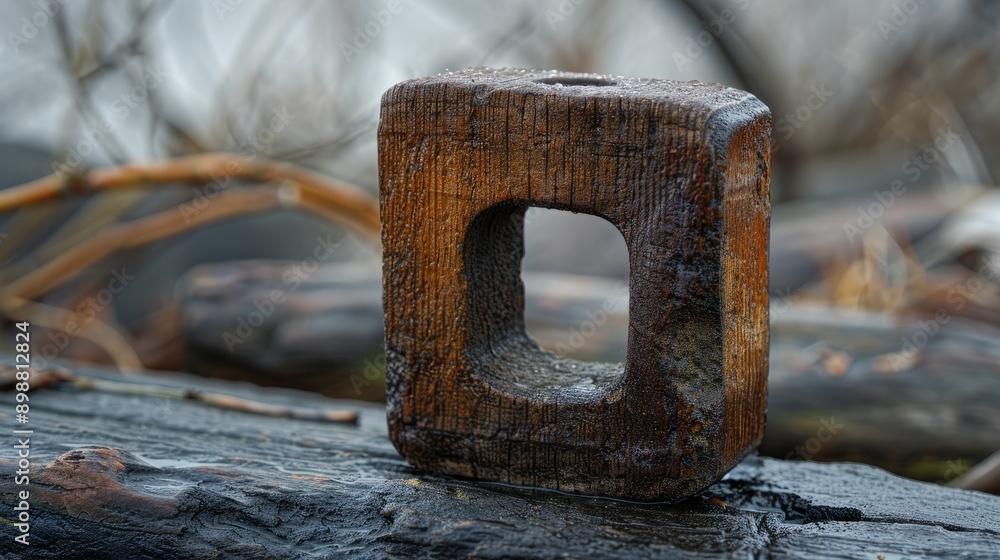 Poster retro wooden symbol on log surrounded by nature in a rustic setting