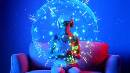Sitting on sofa of woman in VR circle shape signal point station network international world map on neon lighting. Futuristic technology global connectivity design 3D digital graphic. Hallucination.
