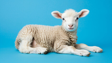 Fototapeta premium A cute baby sheep laying down with an isolated blue background 