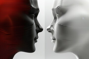 Fototapeta premium Abstract profile silhouettes facing each other symbolizing connection and communication in black and white