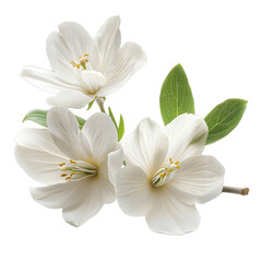 [Transparent Background PNG]Three white flowers with green leaves on a white background