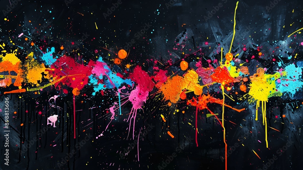 Poster vibrant paint splatters on a dark backdrop, forming a dynamic and abstract pattern