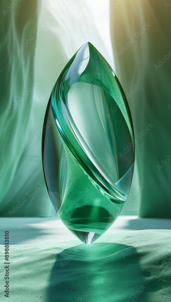 Poster abstract close-up of floating curved diamond-shaped glass object with soft green shading