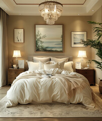 luxury apartment decorated bedroom in classic style  that have classical design  cabinet and bed beautiful lighting and chandelier  