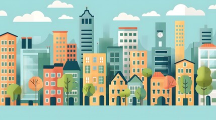 Cityscape with Buildings and Trees Flat Illustration