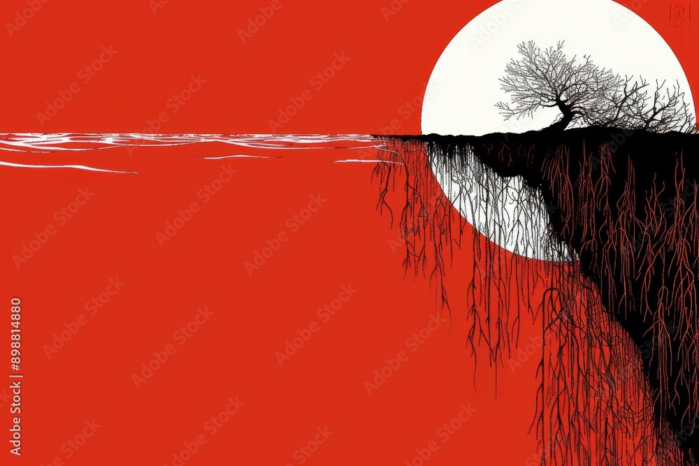 Poster abstract tree design on a red background symbolizing nature and modern artistic expression