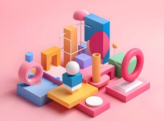 Abstract 3D Geometric Shapes Composition in Pink Background