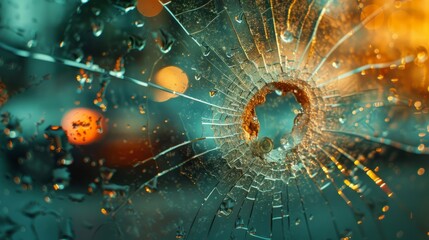 Bullet hole in glass with water droplets at night in urban environment