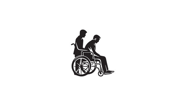 recommend clip art: A man pushing a wheelchair with a patient outline vector icon black on white background