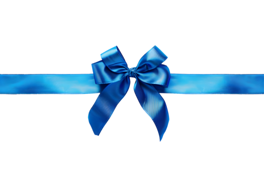 Festive blue silk, satin ribbon with bow decoration isolated on transparent background. PNG, cutout.
