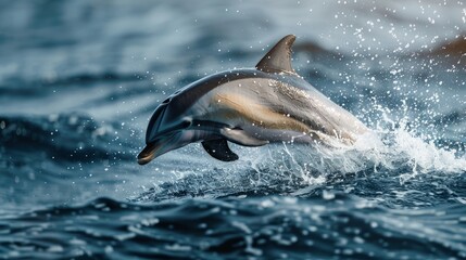 Fototapeta premium Striped dolphin leaping from ocean waves at sunrise