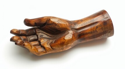 Wooden hand sculpture on white background displaying intricate carving details