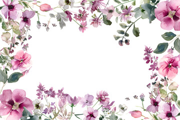 Fototapeta premium Watercolor floral frame border, pastel pink flowers and leaves, isolated on transparent background. Festive decoration illustration for wedding and greeting card, invitation, postcard. PNG, cutout.