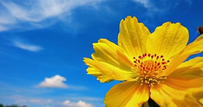 yellow flower & bee against blue sky