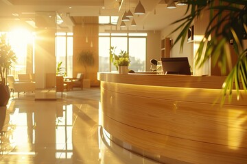 Bright and welcoming customer service desk with friendly staff in daylight with copy space.