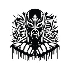 Obraz premium Wrestling male player in graffiti tags, street art pattern illustration, emblem shield badge male player in graffiti tags, street art pattern illustration, emblem shield badge