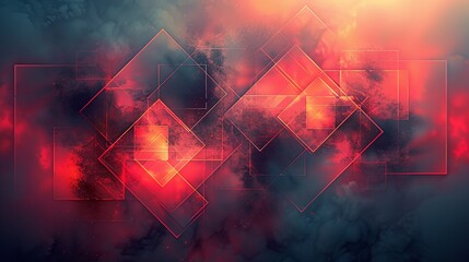 Abstract Red and Pink Geometric Pattern with Overlapping Squares in a Cloudy Background, abstract background