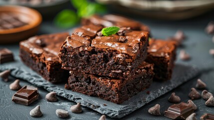 Chocolate cake brownies on grey tabletop surrounded by chocolate chips