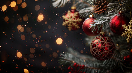 Abstract Christmas background, hanging snowflakes, glass balls and Christmas tree 