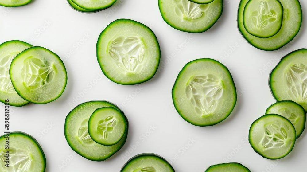 Poster crisp cucumber slices arranged on a white backdrop