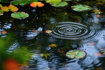 Raindrops create ripples on a still pond
