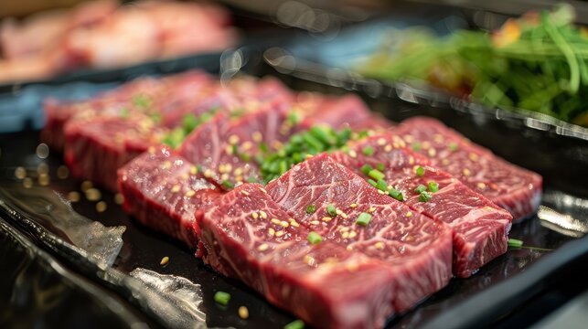 Fresh raw beef cuts displayed at an asian market during daytime
