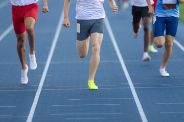 Group male athletes run middle distance race. Horizontal sport theme poster, greeting cards, headers, website and app