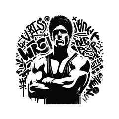 Fototapeta premium Wrestling male player in graffiti tags, street art pattern illustration, emblem shield badge male player in graffiti tags, street art pattern illustration, emblem shield badge