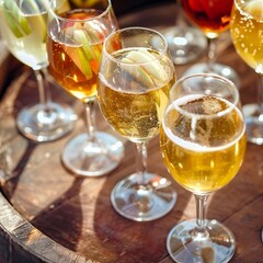 Sparkling Apple Cider in Glasses on Wooden Barrel