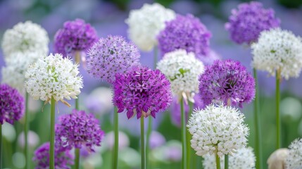 Giant allium flowers blooming in white and purple at the garden