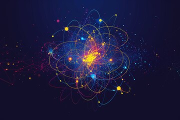 Abstract atomic structure with vibrant particles and orbitals on a dark background illustrating scientific concept