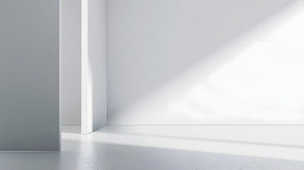 Fototapeta premium Minimalist White Interior with Podium Steps and Natural Light Shadows - Modern Architectural Design Minimalist White Background with Leaf Shadows and Rectangular Panel - Elegant Product Display Setup