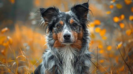 Beautiful purebred dog outdoors surrounded by autumn leaves in a serene environment