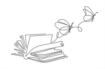 Flying book one line drawing with butterfly. Continuous hand drawn contour vector. Illustration of Creative and freedom. © mitay20