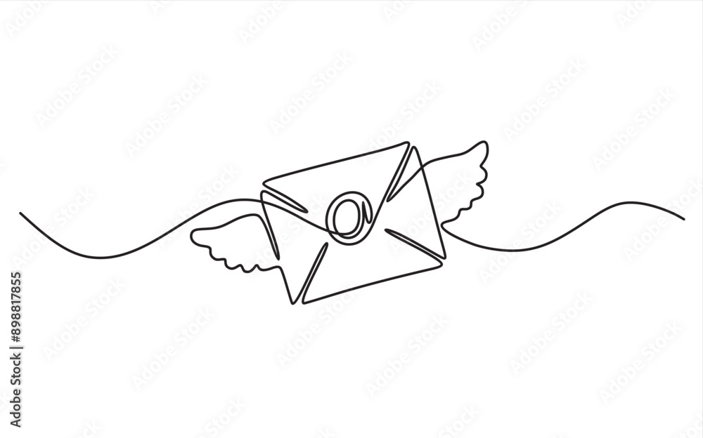 Poster continuous one single line drawing of envelope with wings. mail delivery concept.