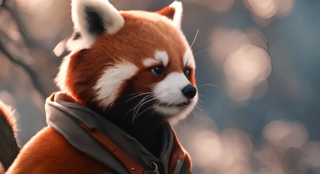 cute furry red panda face wearing jacket walking recording,4k,hd