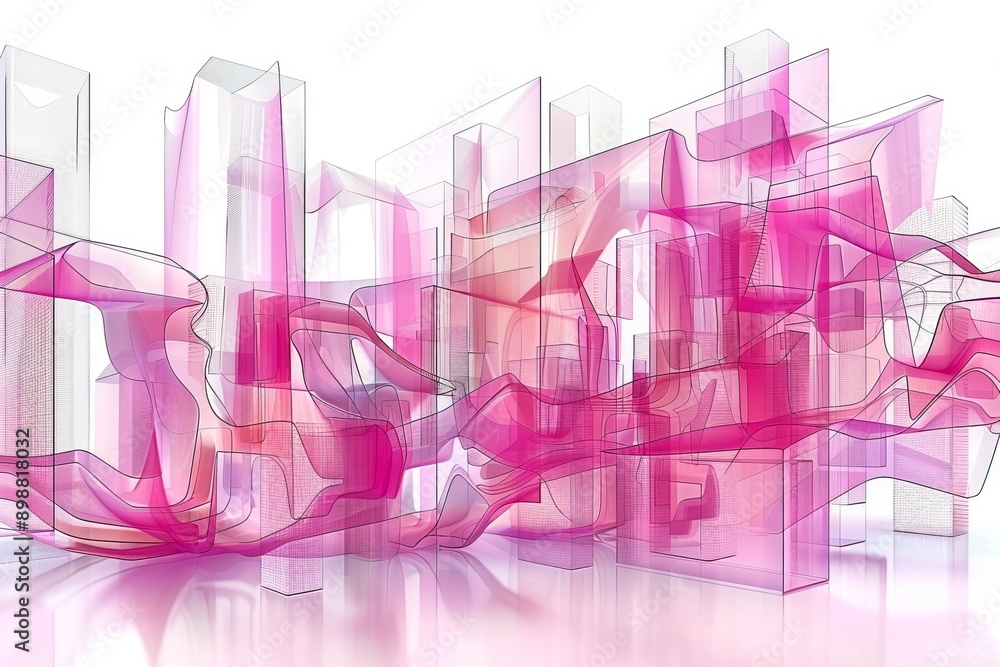 Poster futuristic cityscape with translucent pink structures illustrating modern architecture and urban des