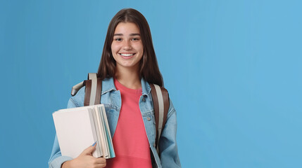 Obraz premium a smiling young female student holding a backpack and books against a blue background, looking at the camera in an isolated mockup for school or university advertising 