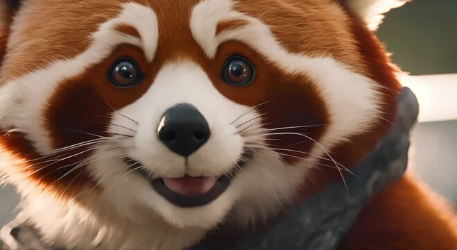 cute furry red panda face wearing jacket walking recording,4k,hd