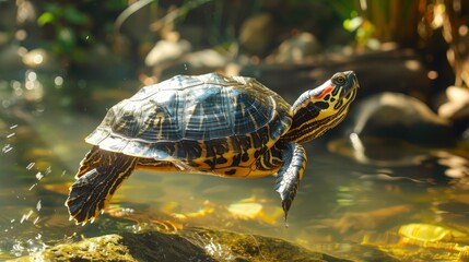Turtle swimming gracefully through clear stream water in lush natural habitat